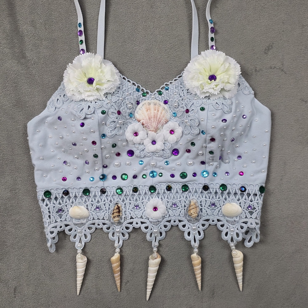 Mermaid Top Mermaid Costume Light Blue Embellished Shell Crop Top Cochella